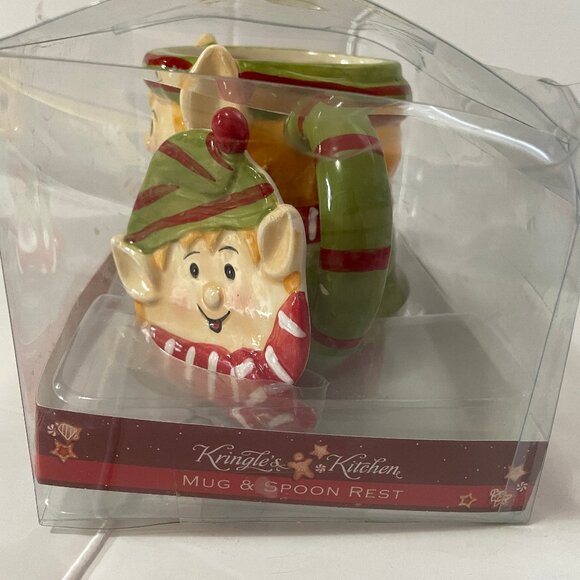 NOB Kringle's Kitchen Holiday Mug Gift Set: Elf Ceramic Mug & Spoon Rest Bad Box - Picture 5 of 11